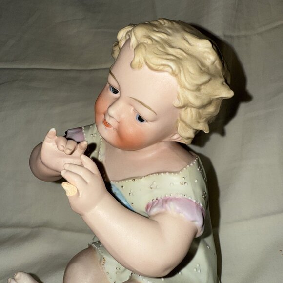 Antique Bisque Flute Baby Statue Porcelain Conta Boehme 8x5” BROKEN PINKY FINGER - Picture 12 of 15